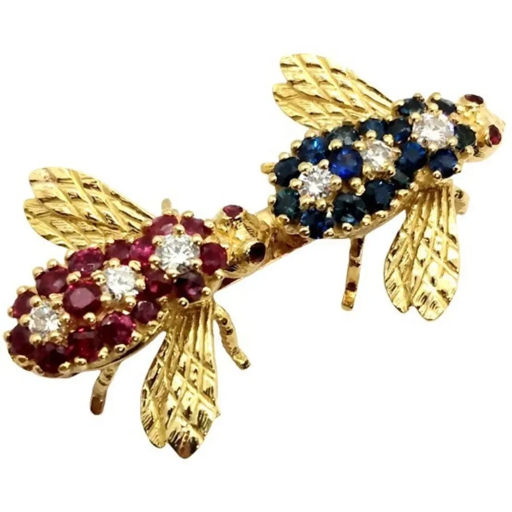 Elegant Vintage Diamond Ruby Sapphire 18K Gold Double Bee Brooch Pin Retro